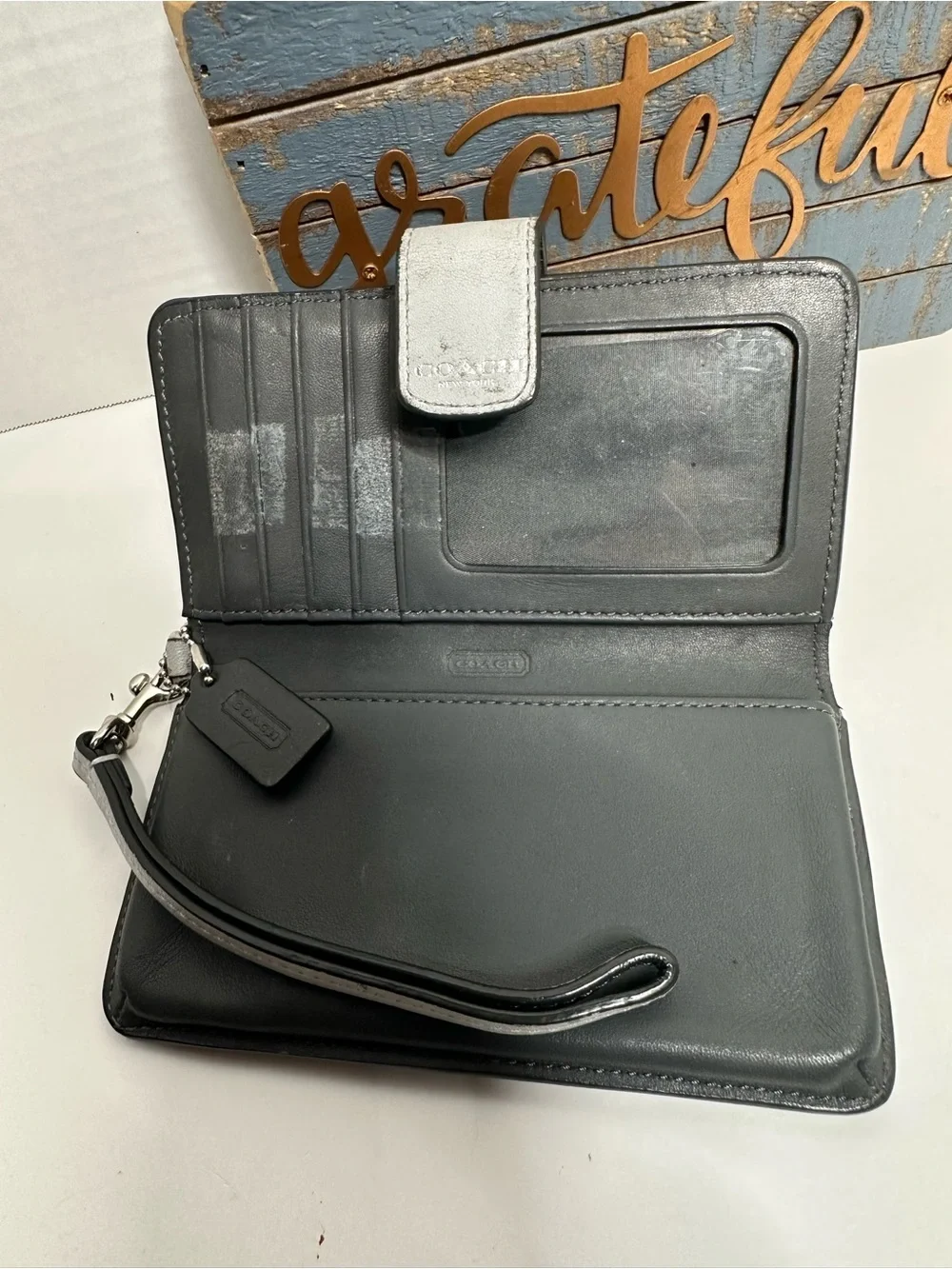 Coach Silver Pebbled Leather Wristlet Case with Strap